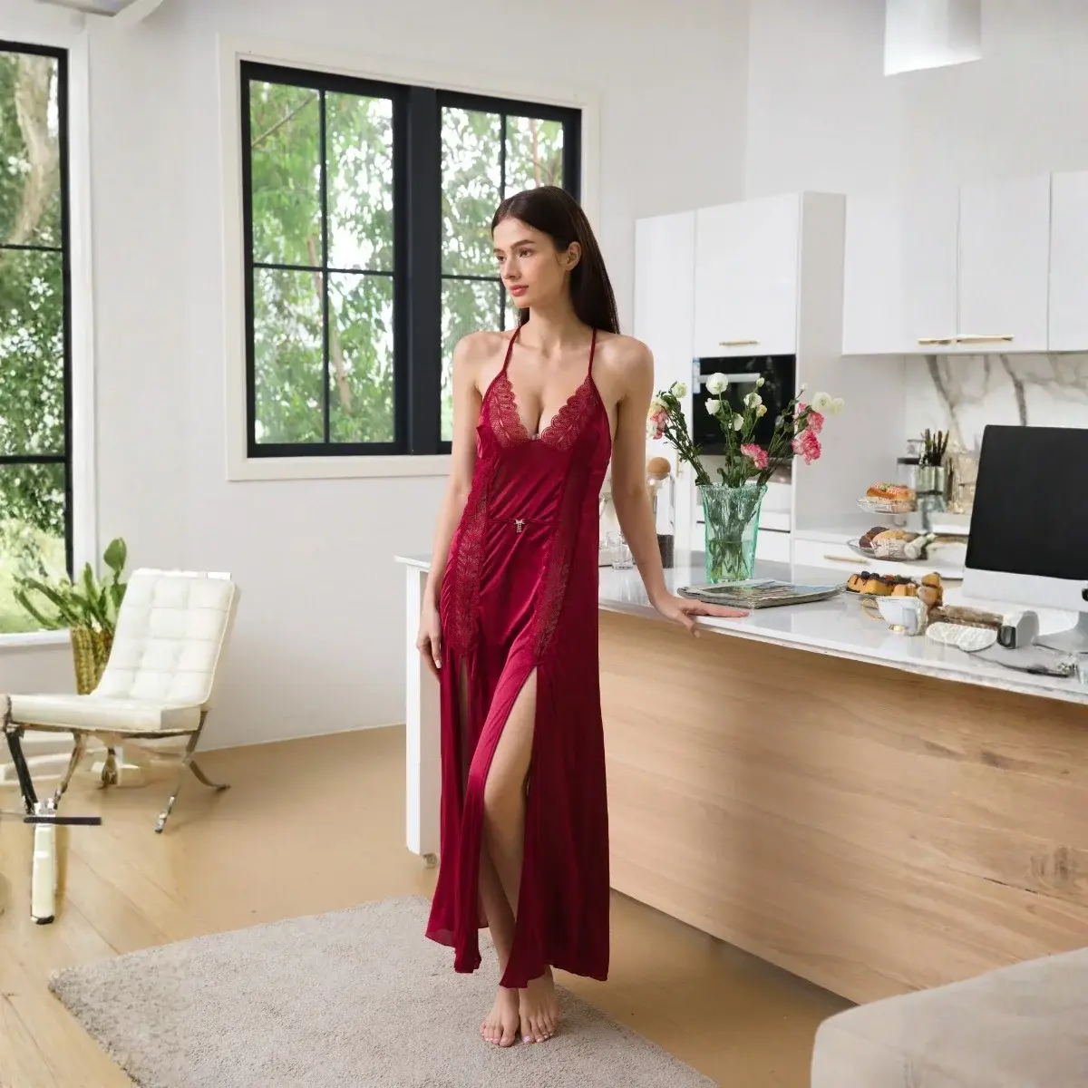 Flourish Gown Silk Set 2 Pcs Night Robe 3905 1 Flourish Gown Silk Set